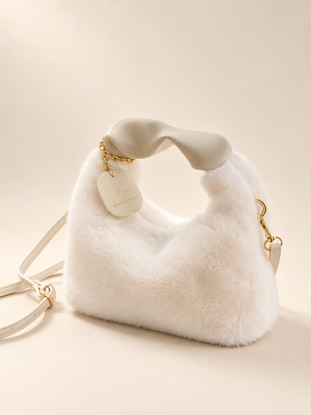 Women Faux Fur Plush Handbags Ruched Handle Small Lady Shoulder Crossbody Bag Casual Half-Moon Hobos Winter Bags for Women
