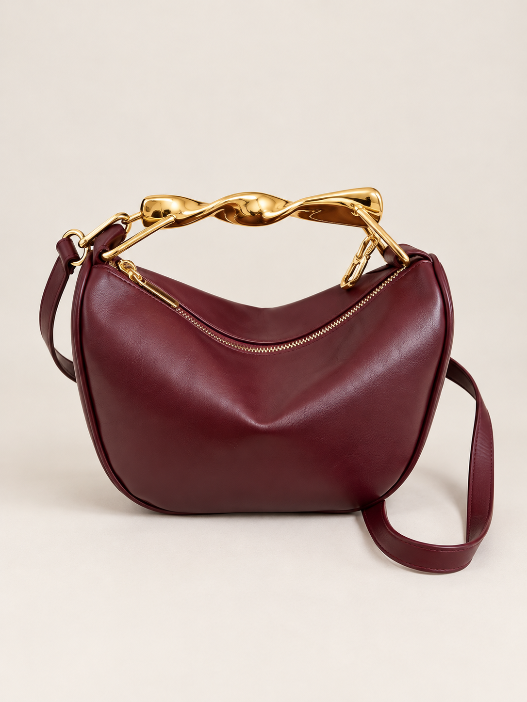 Elegant Burgundy Handbags For Lady Twisted Gold Metal Handle Soft Leather Shoulder Cross Body Hobo Purse For Daily Wedding Party