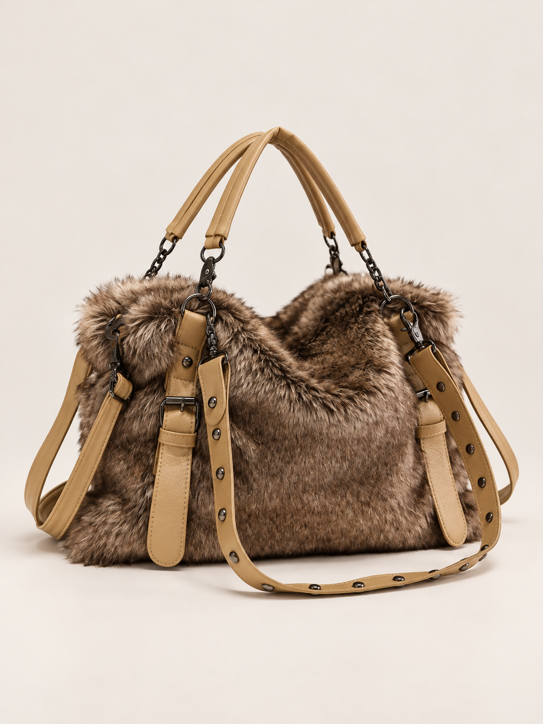 Women Soft Plush Hand Bag New Winter Camel Rivets Large Capacity Tote Bags Female Underarm Bags Faux Fur Shoulder Crossbody Bag