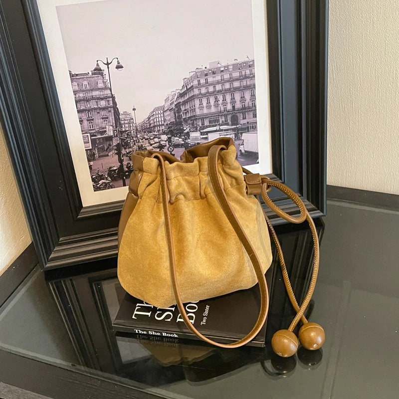 LEFTSIDE Retro Mini PU Leather Drawstring Bucket Bag 2026 New Trend Women Casual Crossbody Shoulder Bags Fashion Handbag