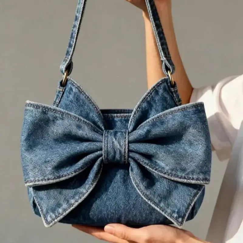 JIAERDI Retro Sweet Cute Bow Tote Bag Women Denim Blue Large Capacity Shoulder Bag Ladies Harajuku Versatile Commute Handbag New