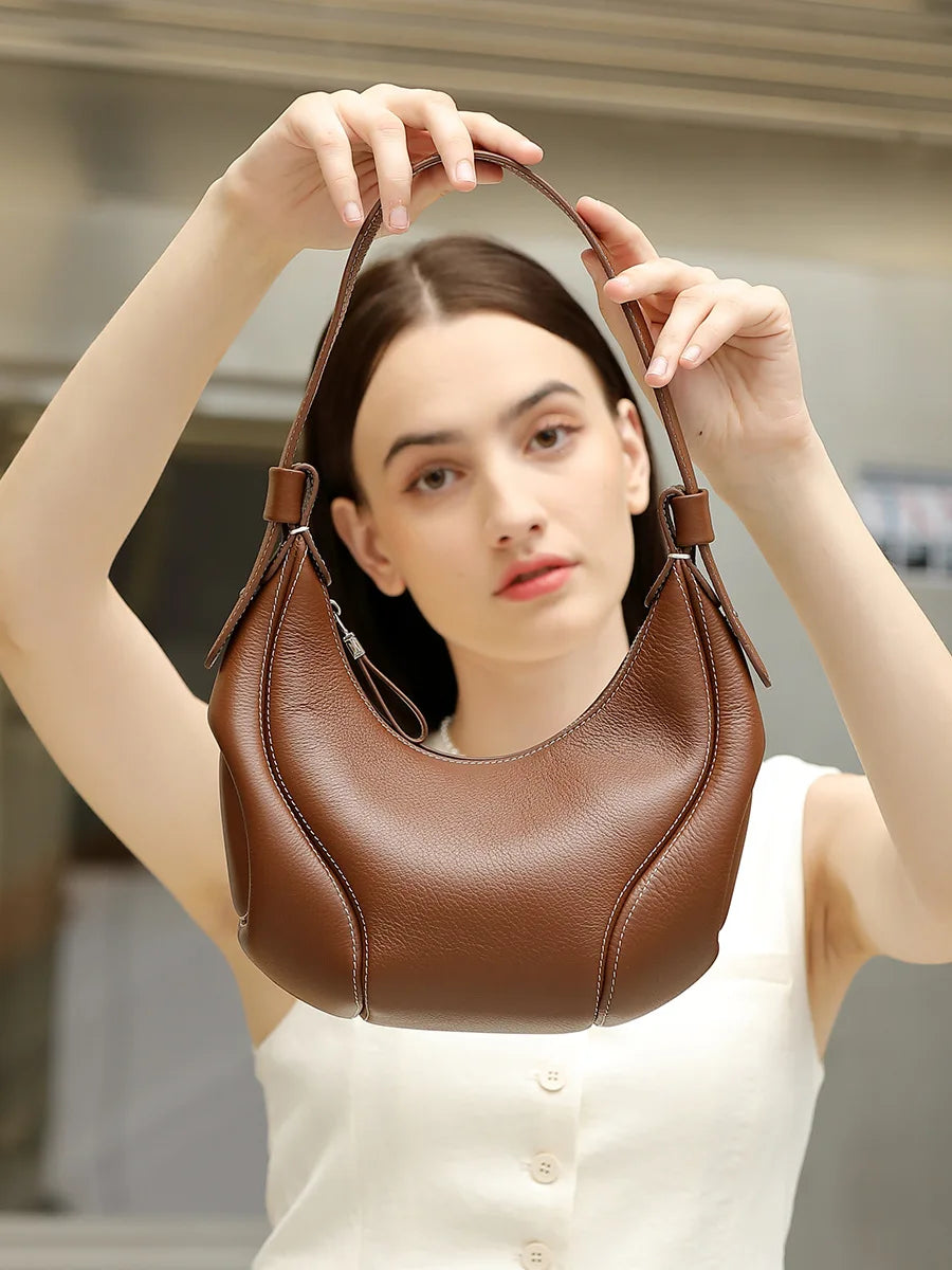 Aidrani Handmade Grain Cowhide Crescent Underarm Bag, Adjustable Strap Hobo Shoulder Purse, Soft Leather Casual Daily Ladies Bag