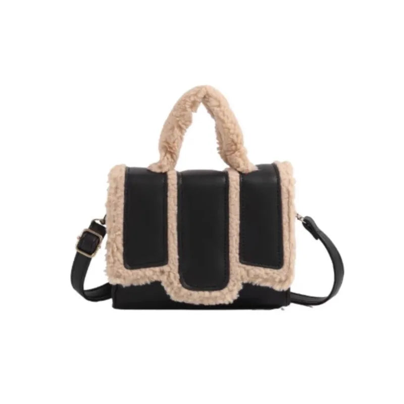 JIAERDI Black Shearling Handbag Women Minimalist Panel Leather Square Shoulder Bag Ladies Sweet Chic Versatile Crossbody Bag New