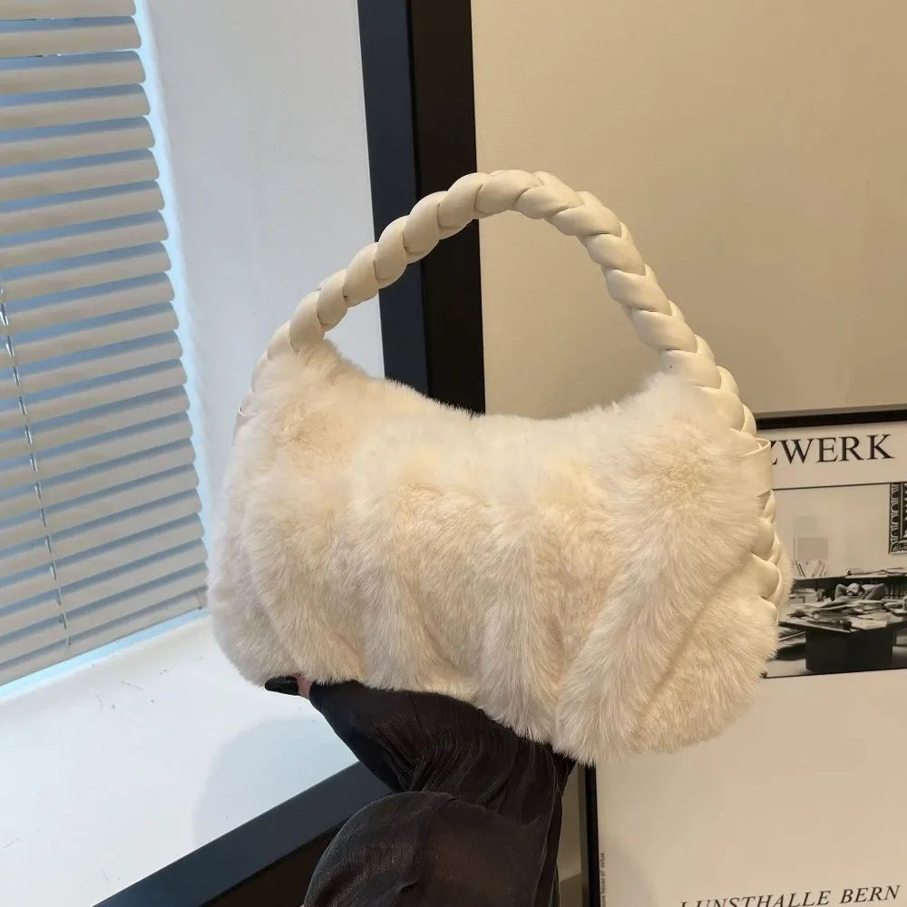 Luxury Furry Shoulder Bag Solid Color Soft Handbag Zipper Fluffy Tote Bag