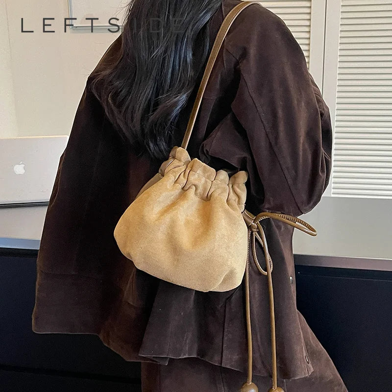 LEFTSIDE Retro Mini PU Leather Drawstring Bucket Bag 2026 New Trend Women Casual Crossbody Shoulder Bags Fashion Handbag