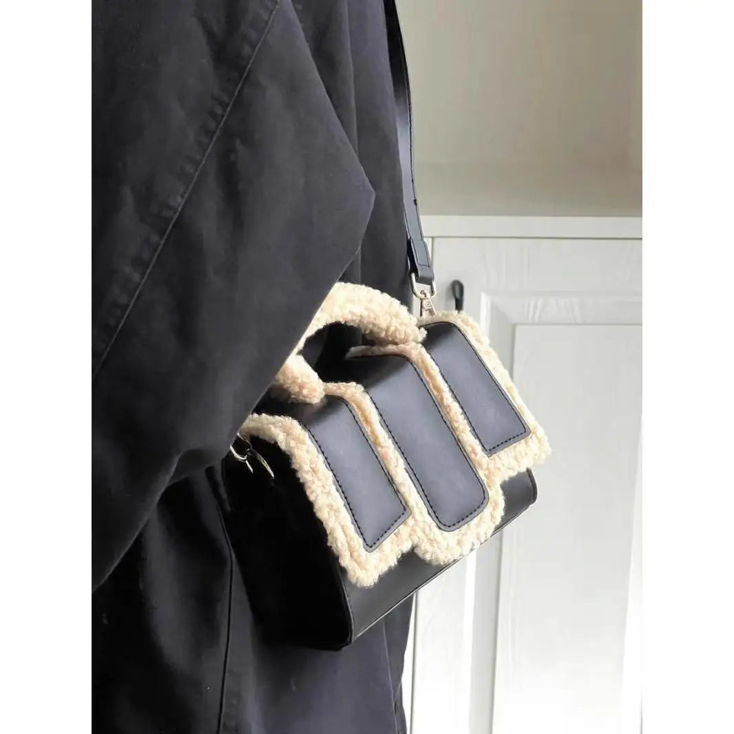 JIAERDI Black Shearling Handbag Women Minimalist Panel Leather Square Shoulder Bag Ladies Sweet Chic Versatile Crossbody Bag New