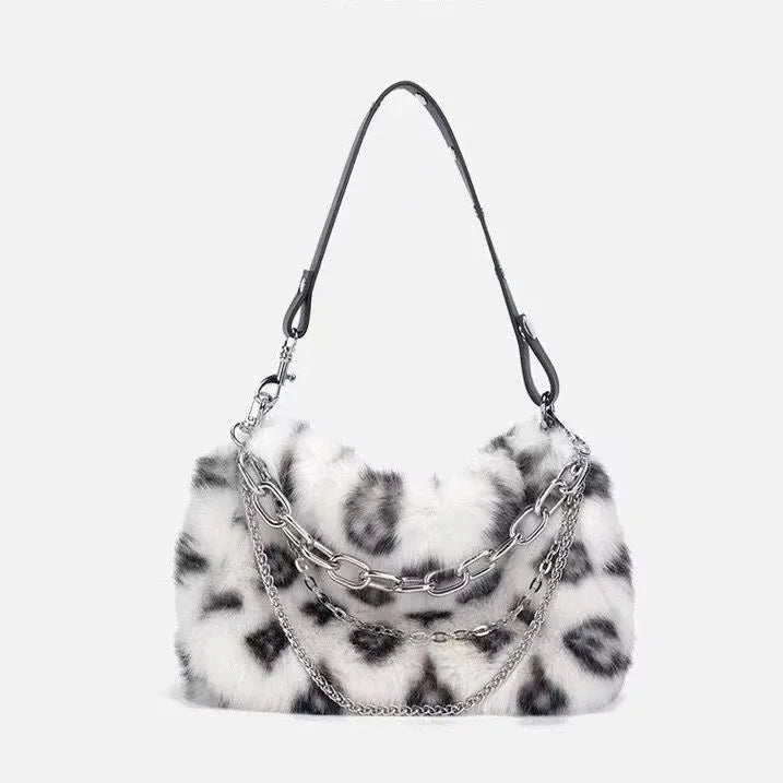New Faux Fur Leopard Shoulder Bag Women's Autumn Winter Chain Handbags Ladies Leopard Print Clutch Purses Fluffy Top Handle Bags