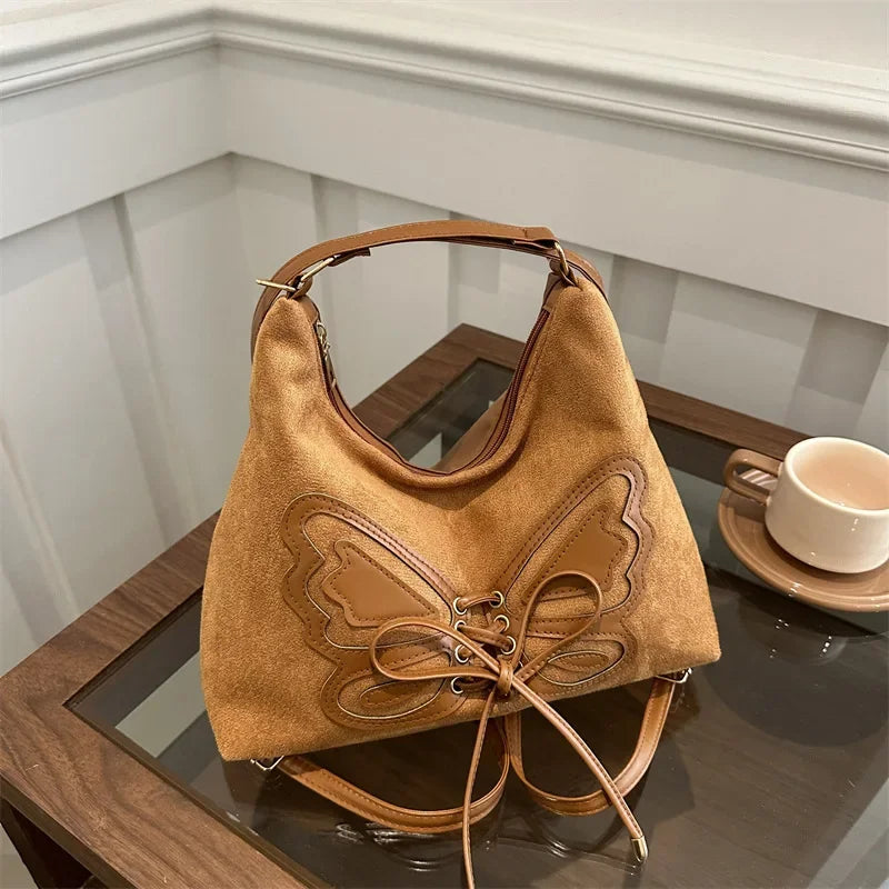 Faux Suede Tote Bag, Bow Tie Backpack, Chic Retro Single Handbag Women Shoulder Messenger Bag, Matte PU Leather Cross Body Bags