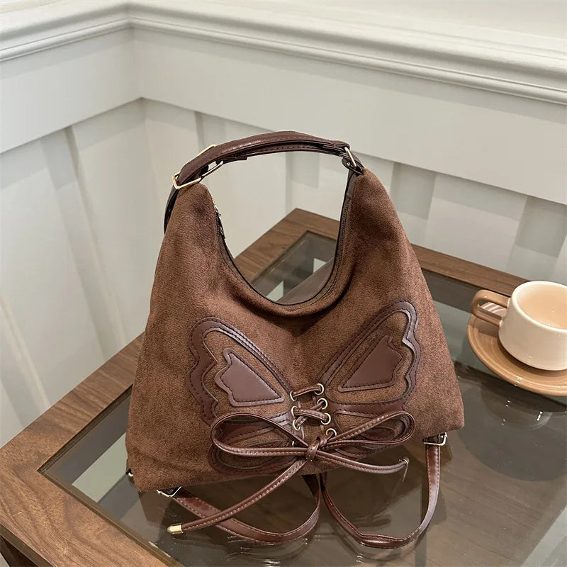 Faux Suede Tote Bag, Bow Tie Backpack, Chic Retro Single Handbag Women Shoulder Messenger Bag, Matte PU Leather Cross Body Bags