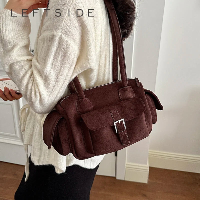 LEFTSIDE Vintage Faux‑Suede Boston Shoulder Bag 2026 Winter New Trend Design Women Casual Underarm Bags Lady Simple Handbag