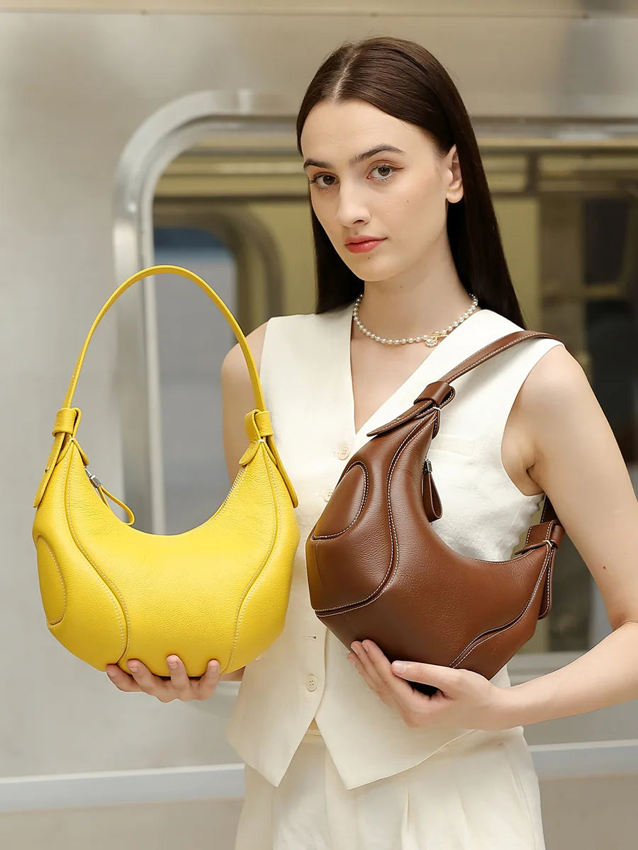 Aidrani Handmade Grain Cowhide Crescent Underarm Bag, Adjustable Strap Hobo Shoulder Purse, Soft Leather Casual Daily Ladies Bag