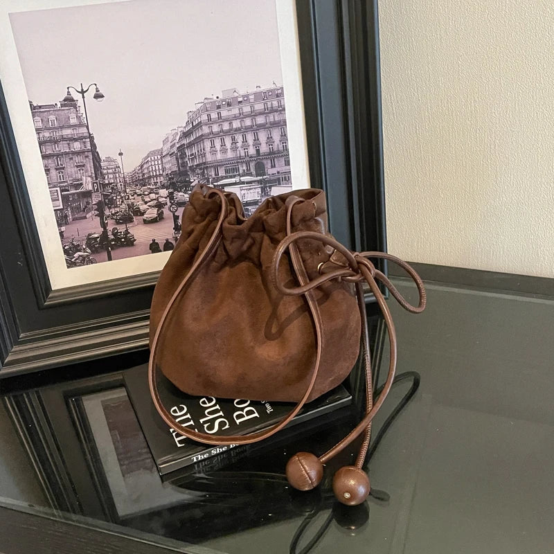 LEFTSIDE Retro Mini PU Leather Drawstring Bucket Bag 2026 New Trend Women Casual Crossbody Shoulder Bags Fashion Handbag