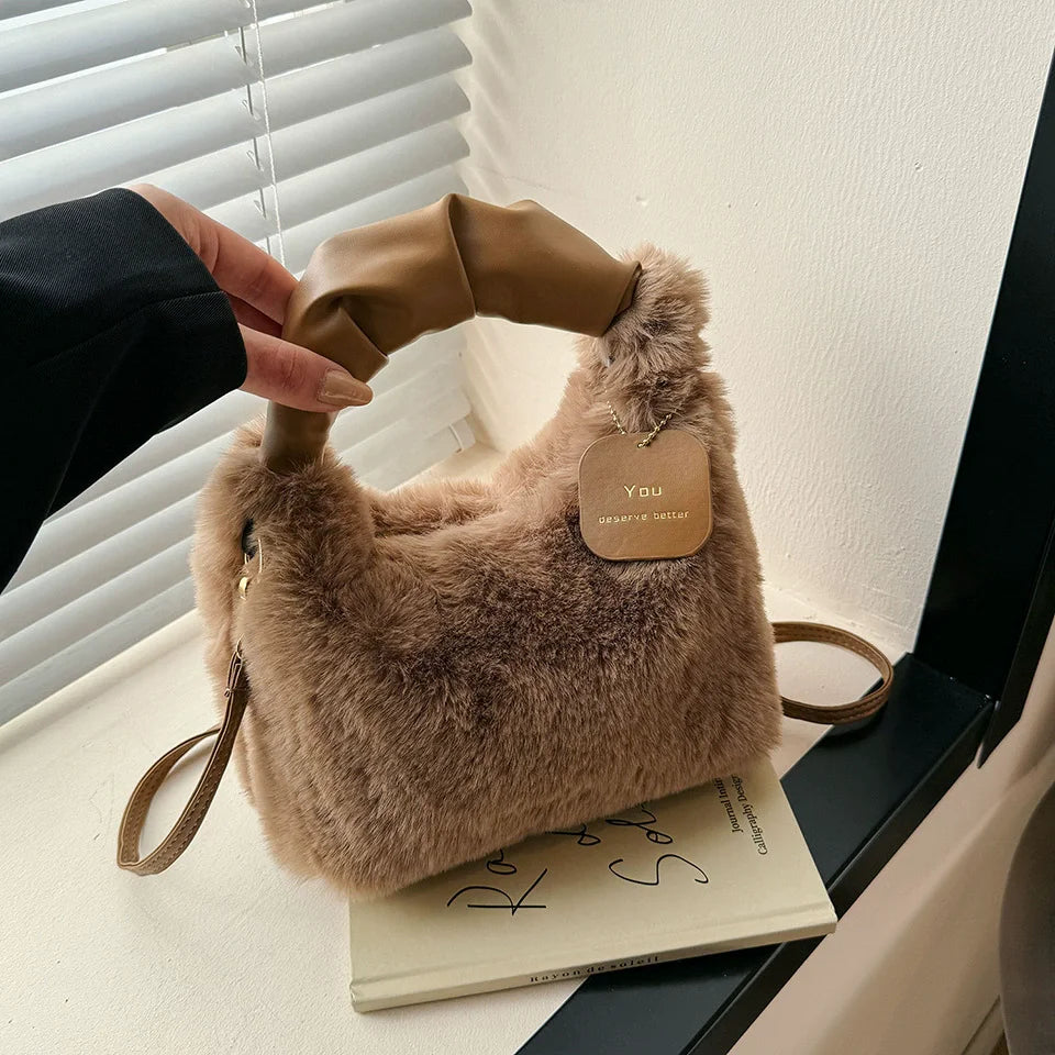 Women Faux Fur Plush Handbags Ruched Handle Small Lady Shoulder Crossbody Bag Casual Half-Moon Hobos Winter Bags for Women