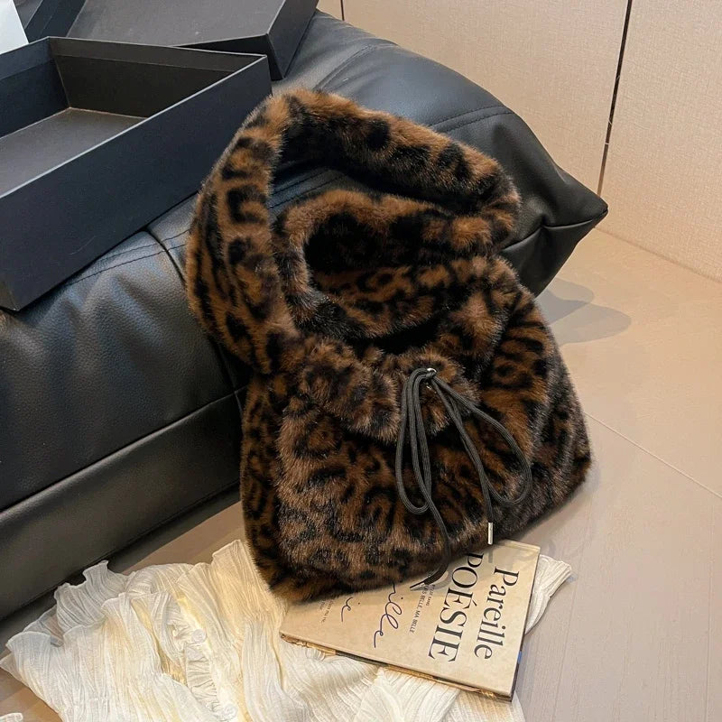 LEFTSIDE Small Leopard Faux Fur Shoulder Bags for Women 2024 Y2K Winter Korean Fashion New Trends Females Handbags and Purses