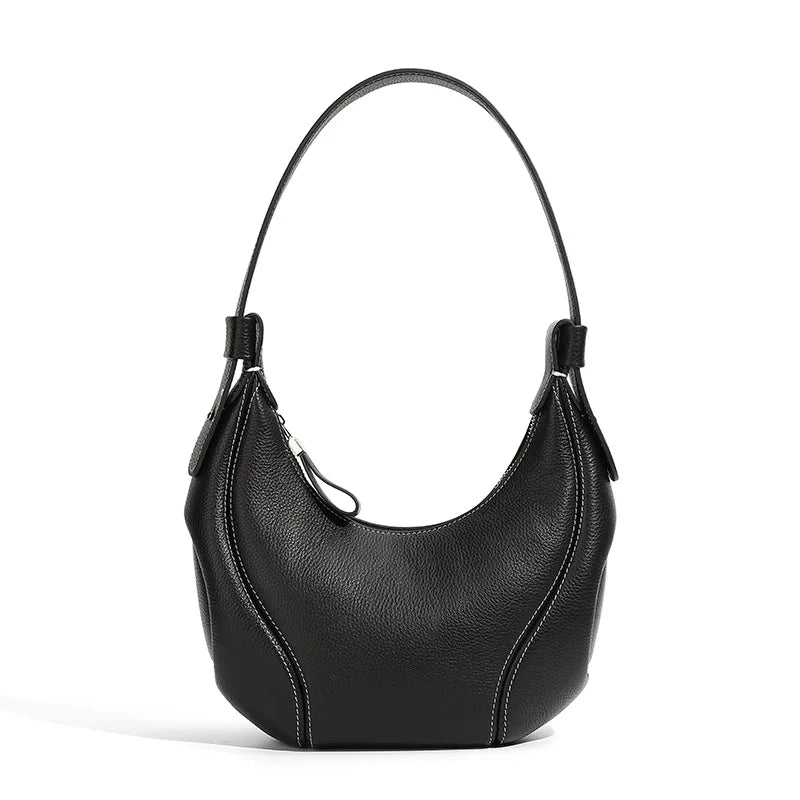 Aidrani Handmade Grain Cowhide Crescent Underarm Bag, Adjustable Strap Hobo Shoulder Purse, Soft Leather Casual Daily Ladies Bag