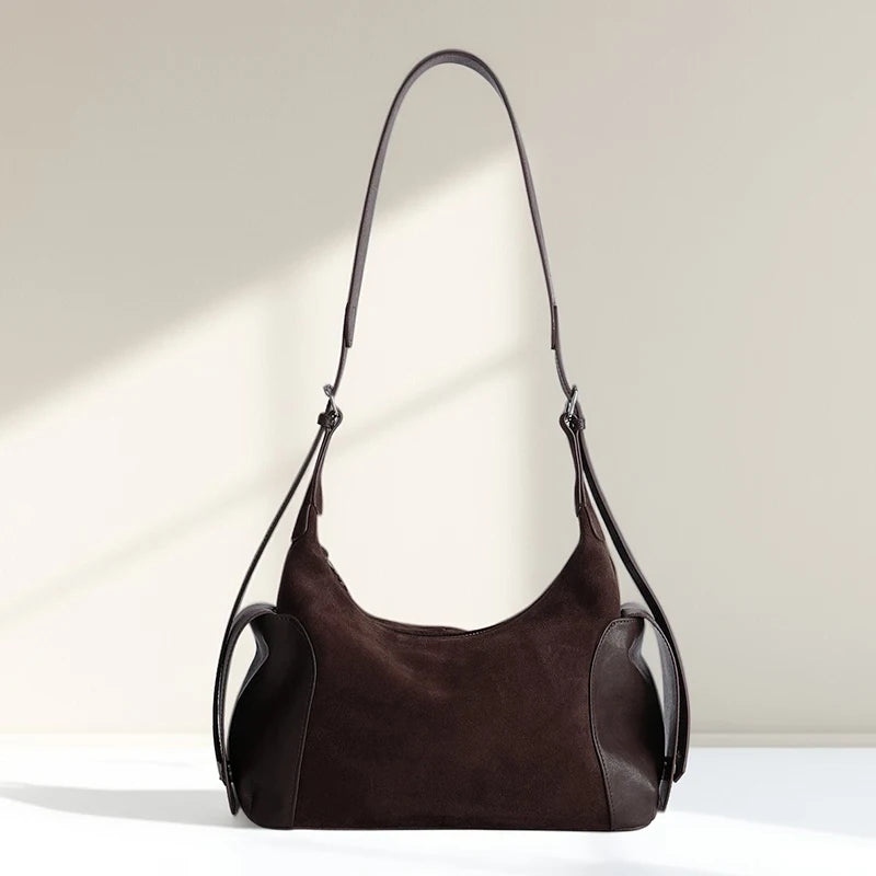 Genuine Suede Women's Shoulder Bag 2026 Luxury Brand Underarm Bags Female Versatile Real Cow Leather Portable Crossbody Handbags