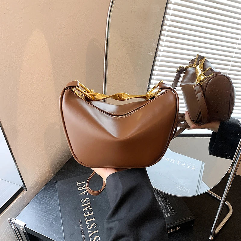 Elegant Burgundy Handbags For Lady Twisted Gold Metal Handle Soft Leather Shoulder Cross Body Hobo Purse For Daily Wedding Party