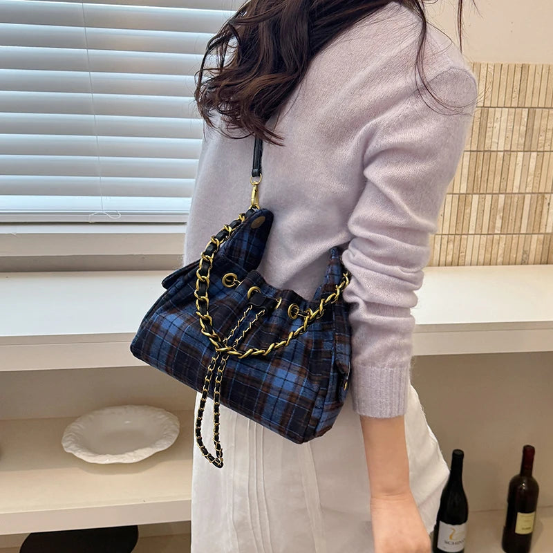 Fashionable Plaid Pattern Handbag Ladies Metal Chains Shoulder Bag New Design Multi Pocket High Quality Women's Crossbody Bags