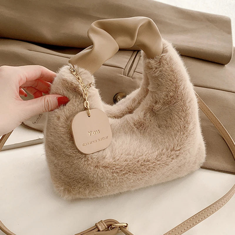Women Faux Fur Plush Handbags Ruched Handle Small Lady Shoulder Crossbody Bag Casual Half-Moon Hobos Winter Bags for Women