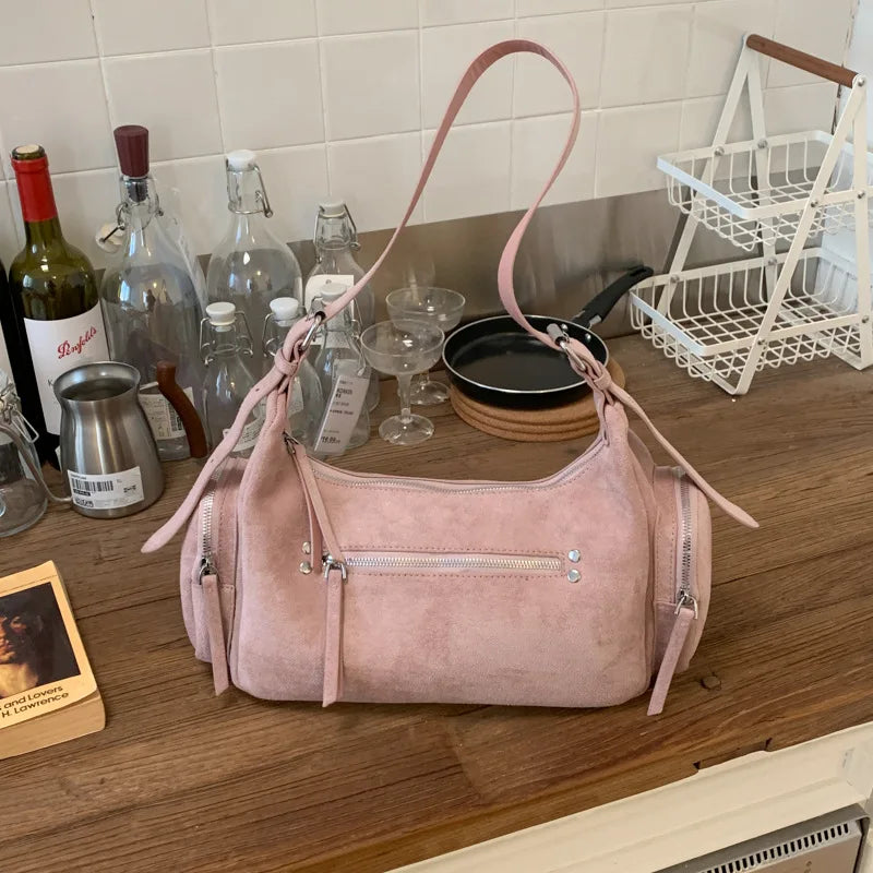 Suede Leather Women Underarm Shoulder Bags Multi-pocket Designer Handbags Motorcycle Style Ladies Messenger Bags Commute Bolsos