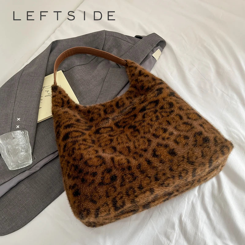 LEFTSIDE Soft Warm Faux Fur Leopard Shoulder Bags for Women 2025 Winter Korean Fashion New Leopard Handbags Trend Hobo Bag