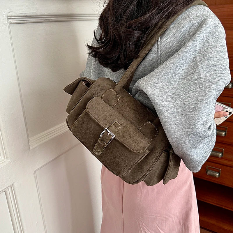 LEFTSIDE Vintage Faux‑Suede Boston Shoulder Bag 2026 Winter New Trend Design Women Casual Underarm Bags Lady Simple Handbag