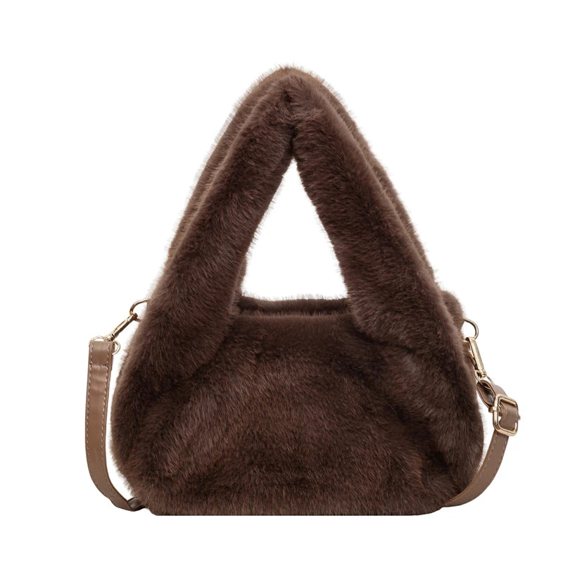 Winter Faux Fur Mini Handbag for Women Fluffy Plush Triangle Top‑Handle Bag Removable Crossbody Strap Y2K Fashion Party Purse