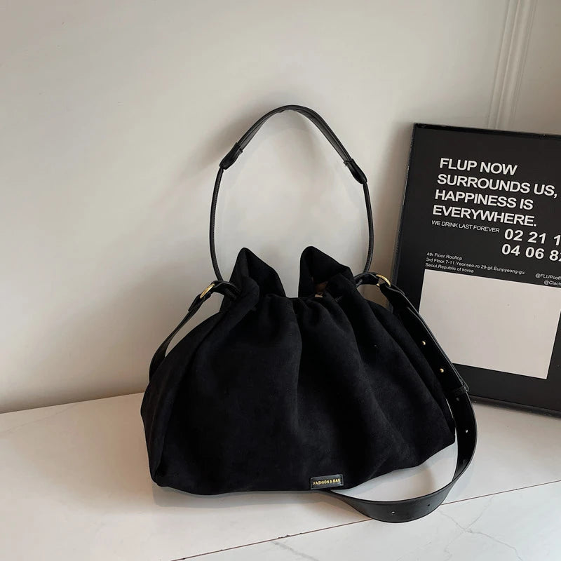LEFTSIDE Retro Frosted Velvet Leather Large Bucket Bags for Women 2025 Winter Female Shoulder Bag Females Crossbody Bag Handbags