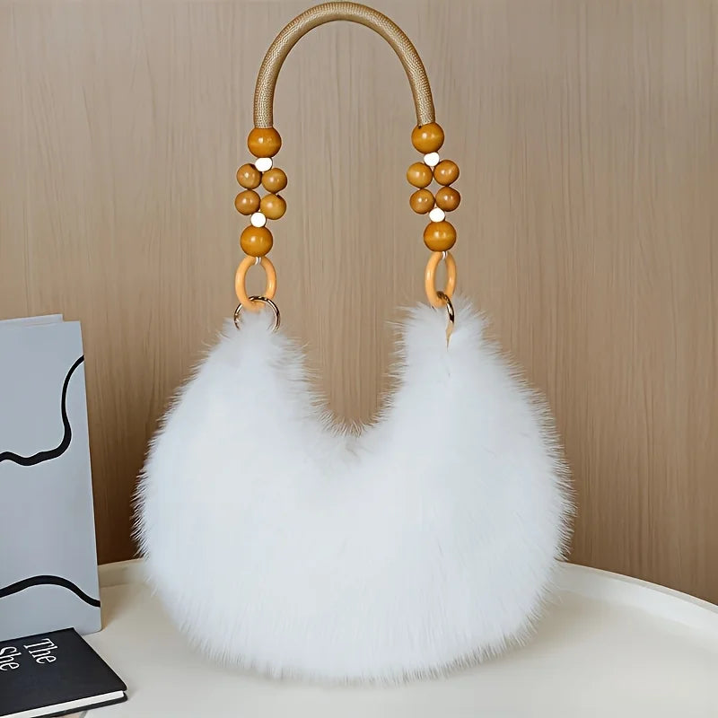 Women's Faux Handbag, Plush Faux Tote Purse with Bead Accented Strap, Zipper Closure Elegant Handbags Shoulder Bags for Everyday