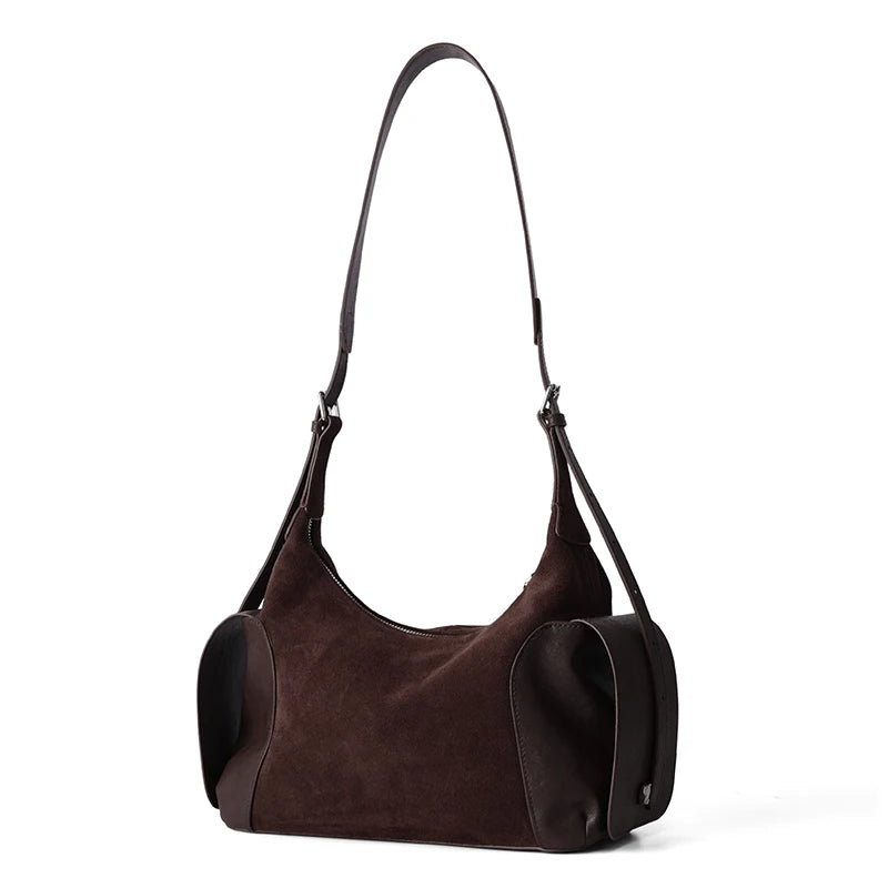 Genuine Suede Women's Shoulder Bag 2026 Luxury Brand Underarm Bags Female Versatile Real Cow Leather Portable Crossbody Handbags