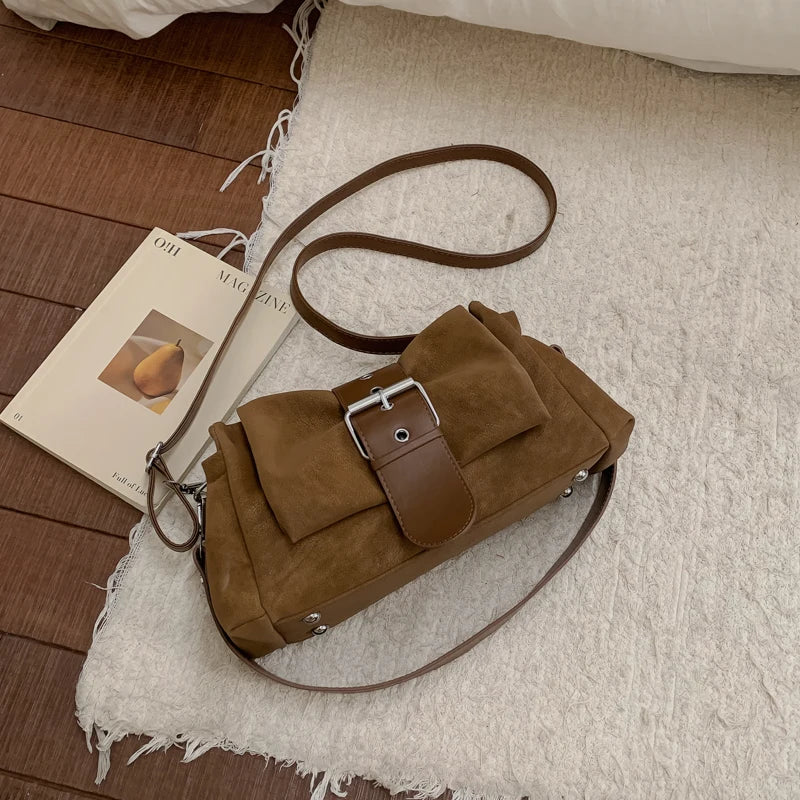 LEFTSIDE Vintage Small PU Leather Shoulder Bag with Wide Leather Strap & Silver Buckle Retro Crossbody Purse for Women Handbag