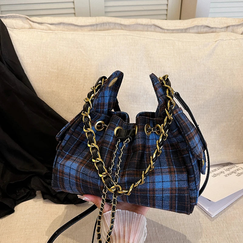 Fashionable Plaid Pattern Handbag Ladies Metal Chains Shoulder Bag New Design Multi Pocket High Quality Women's Crossbody Bags