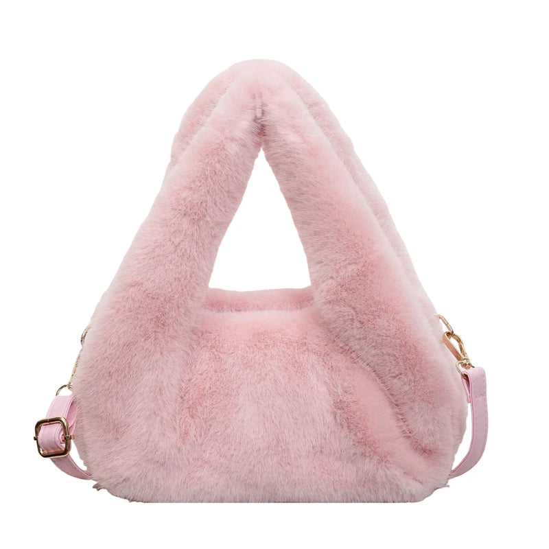 Winter Faux Fur Mini Handbag for Women Fluffy Plush Triangle Top‑Handle Bag Removable Crossbody Strap Y2K Fashion Party Purse