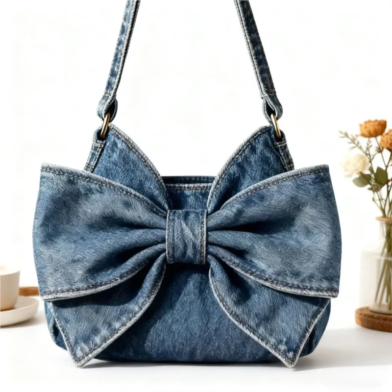 JIAERDI Retro Sweet Cute Bow Tote Bag Women Denim Blue Large Capacity Shoulder Bag Ladies Harajuku Versatile Commute Handbag New