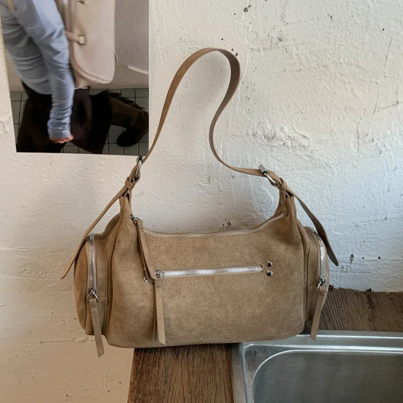 Suede Leather Women Underarm Shoulder Bags Multi-pocket Designer Handbags Motorcycle Style Ladies Messenger Bags Commute Bolsos