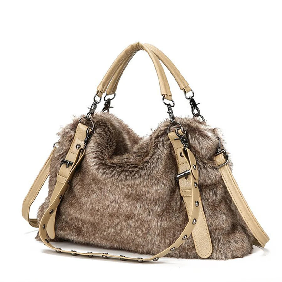 Women Soft Plush Hand Bag New Winter Camel Rivets Large Capacity Tote Bags Female Underarm Bags Faux Fur Shoulder Crossbody Bag