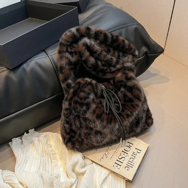 LEFTSIDE Small Leopard Faux Fur Shoulder Bags for Women 2024 Y2K Winter Korean Fashion New Trends Females Handbags and Purses