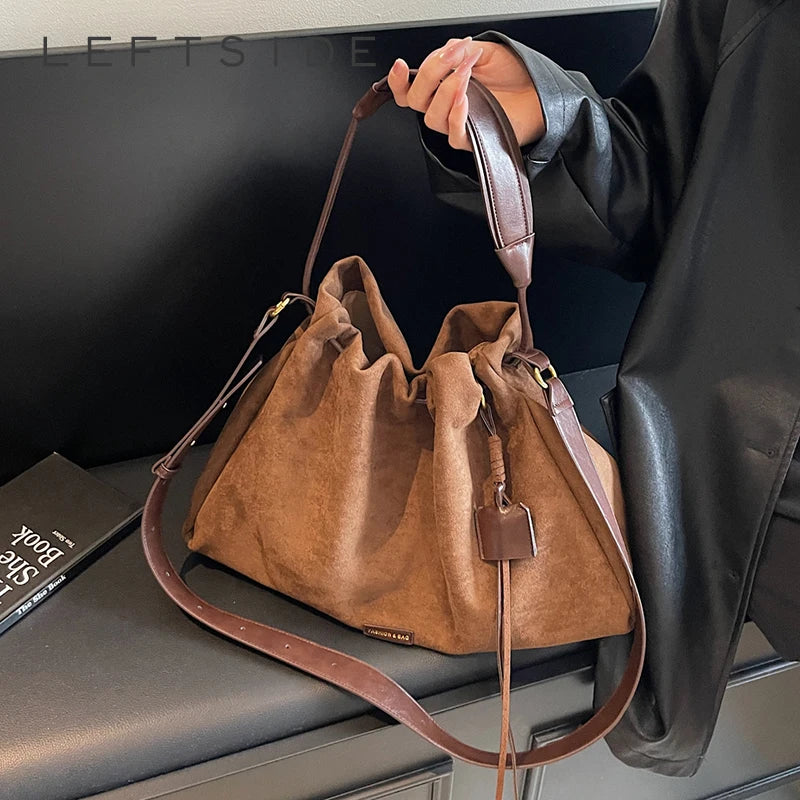 LEFTSIDE Retro Frosted Velvet Leather Large Bucket Bags for Women 2025 Winter Female Shoulder Bag Females Crossbody Bag Handbags