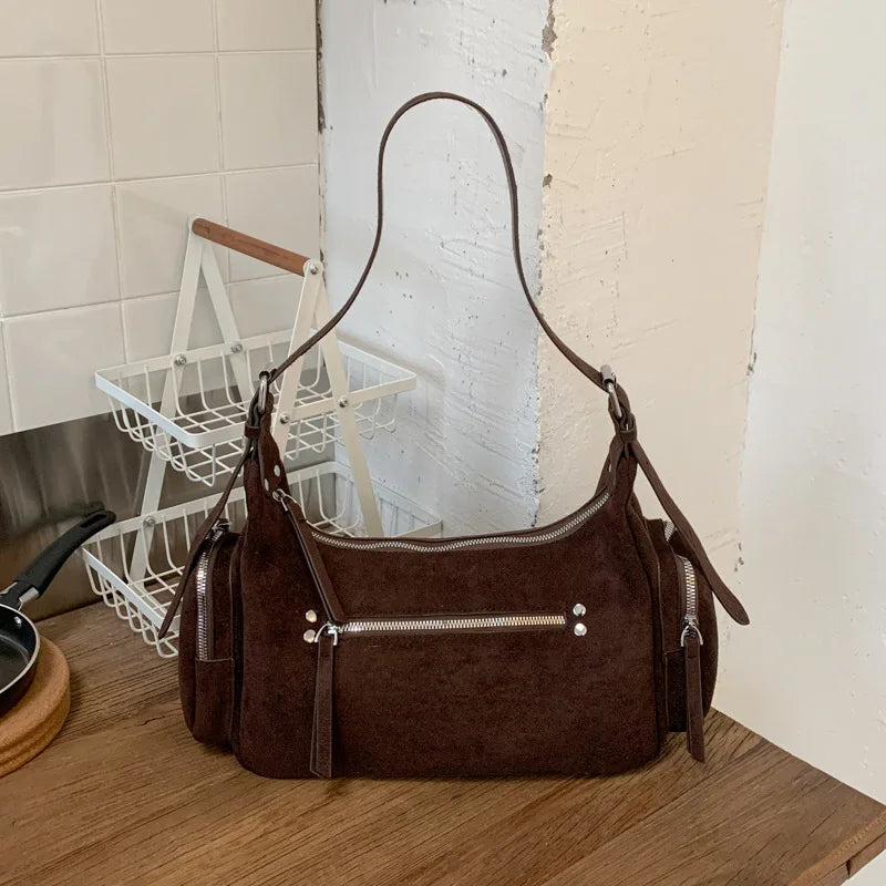 Suede Leather Women Underarm Shoulder Bags Multi-pocket Designer Handbags Motorcycle Style Ladies Messenger Bags Commute Bolsos