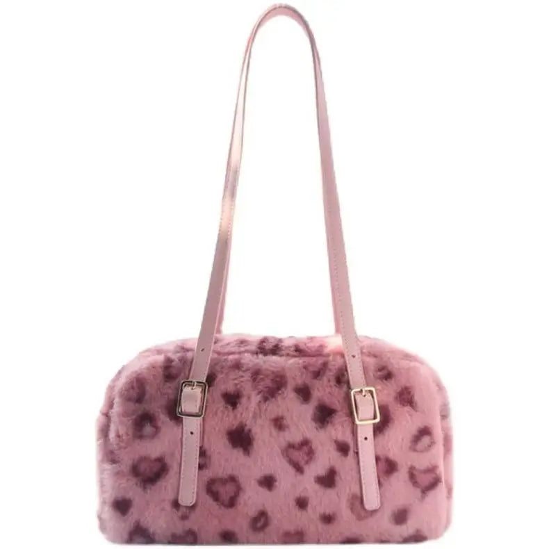 JIAERDI Leopard Print Pink Handbag Women Autumn Winter New Plush Soft Y2k Shoulder Bags Female Sweet Cool Purse Bolsos De Mujer