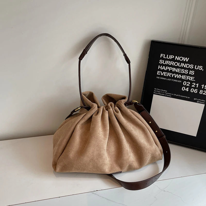 LEFTSIDE Retro Frosted Velvet Leather Large Bucket Bags for Women 2025 Winter Female Shoulder Bag Females Crossbody Bag Handbags