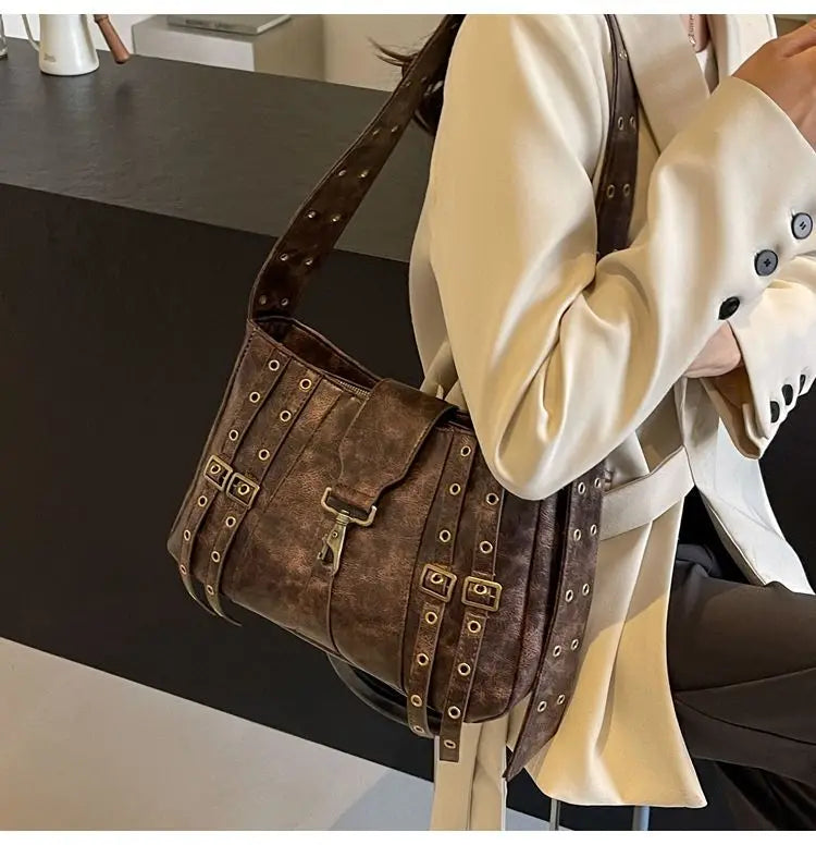 JIAERDI Y2k Grunge Brown Shoulder Bags Women Vintage Pu Leather Messenger Bag Handbag Female Retro Large Capacity Tote Bag Chic