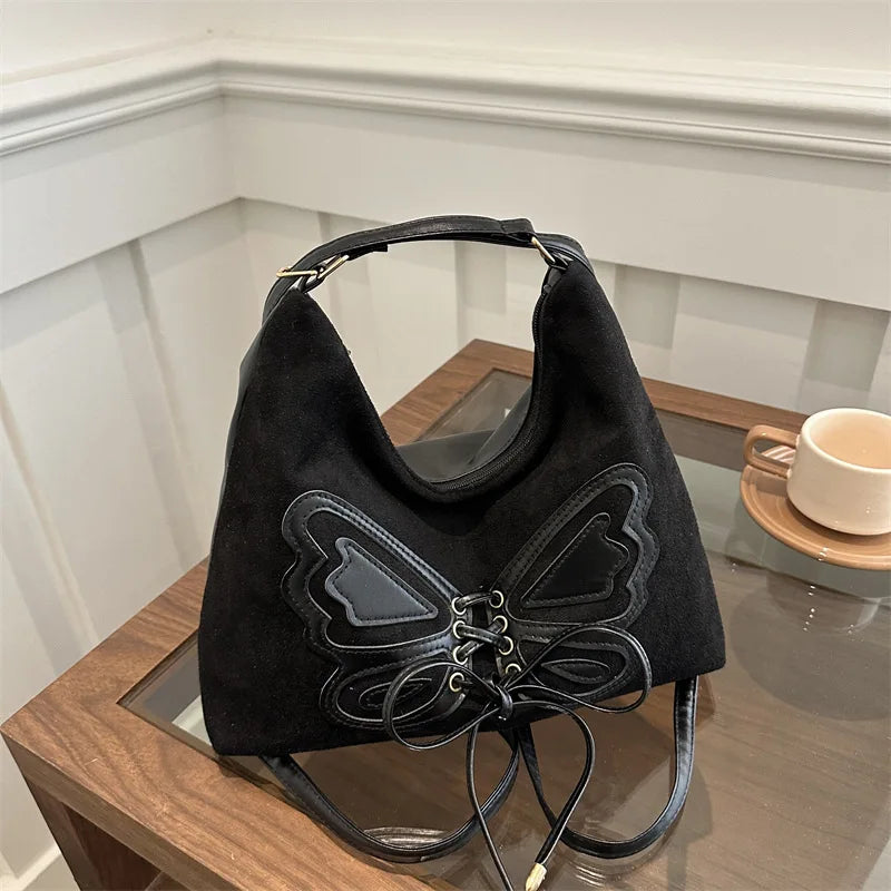 Faux Suede Tote Bag, Bow Tie Backpack, Chic Retro Single Handbag Women Shoulder Messenger Bag, Matte PU Leather Cross Body Bags