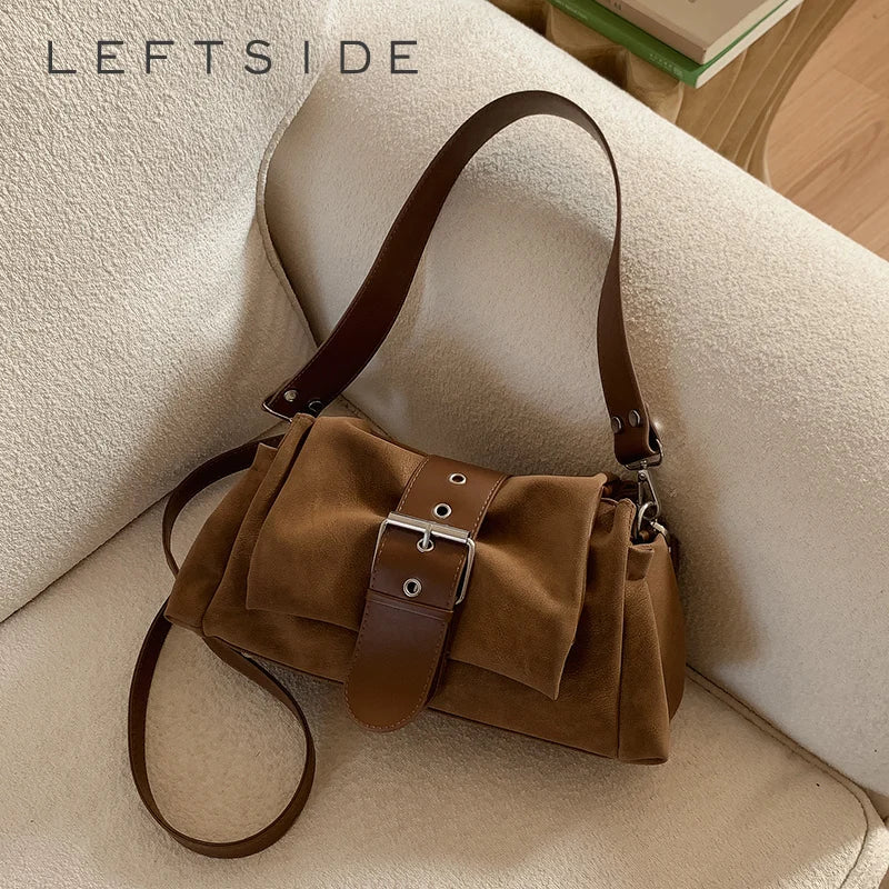 LEFTSIDE Vintage Small PU Leather Shoulder Bag with Wide Leather Strap & Silver Buckle Retro Crossbody Purse for Women Handbag