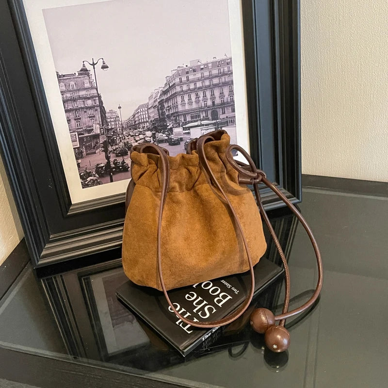 LEFTSIDE Retro Mini PU Leather Drawstring Bucket Bag 2026 New Trend Women Casual Crossbody Shoulder Bags Fashion Handbag