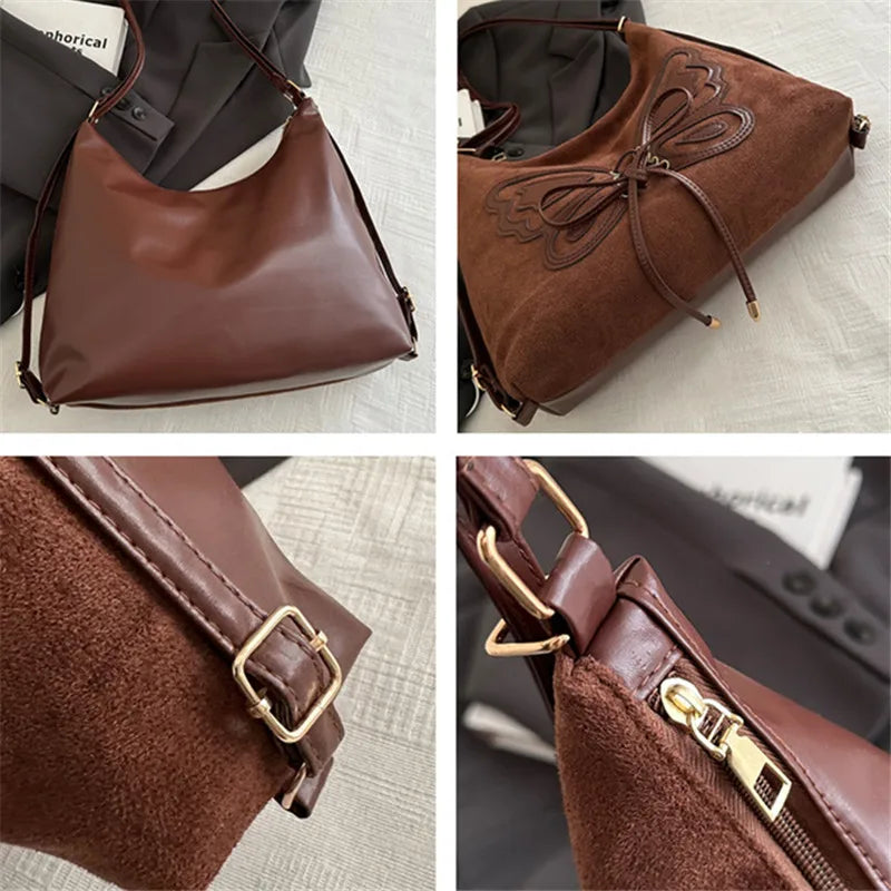 Faux Suede Tote Bag, Bow Tie Backpack, Chic Retro Single Handbag Women Shoulder Messenger Bag, Matte PU Leather Cross Body Bags