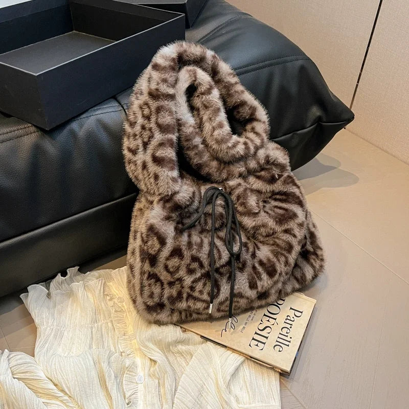 LEFTSIDE Small Leopard Faux Fur Shoulder Bags for Women 2024 Y2K Winter Korean Fashion New Trends Females Handbags and Purses
