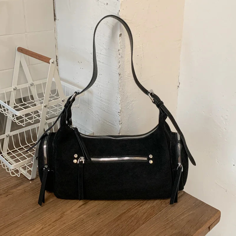 Suede Leather Women Underarm Shoulder Bags Multi-pocket Designer Handbags Motorcycle Style Ladies Messenger Bags Commute Bolsos