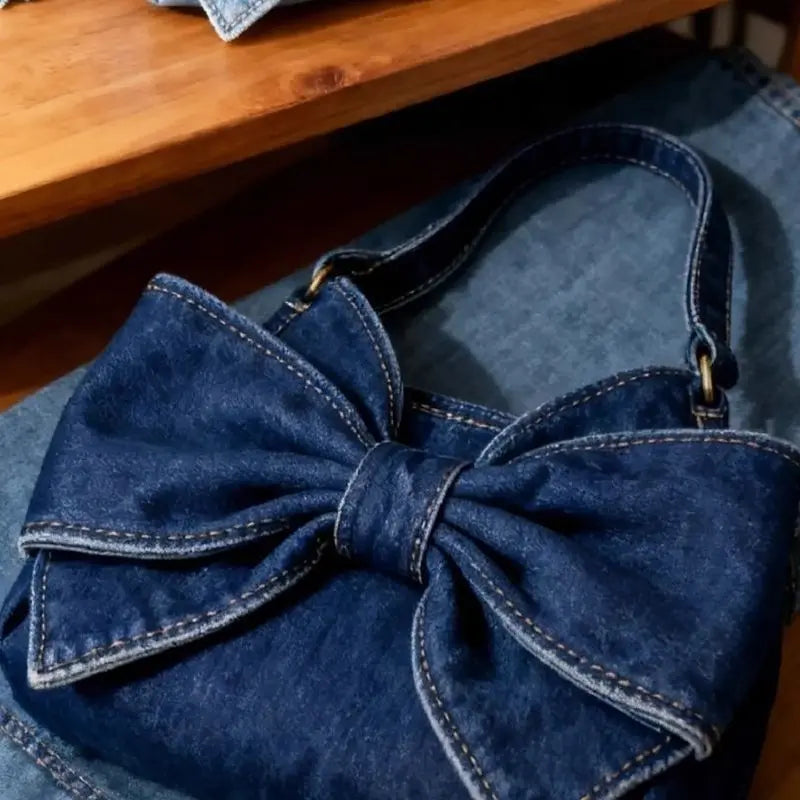JIAERDI Retro Sweet Cute Bow Tote Bag Women Denim Blue Large Capacity Shoulder Bag Ladies Harajuku Versatile Commute Handbag New