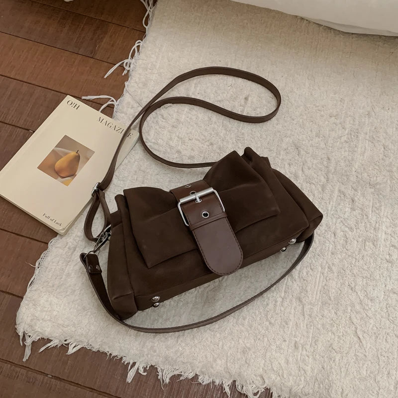 LEFTSIDE Vintage Small PU Leather Shoulder Bag with Wide Leather Strap & Silver Buckle Retro Crossbody Purse for Women Handbag
